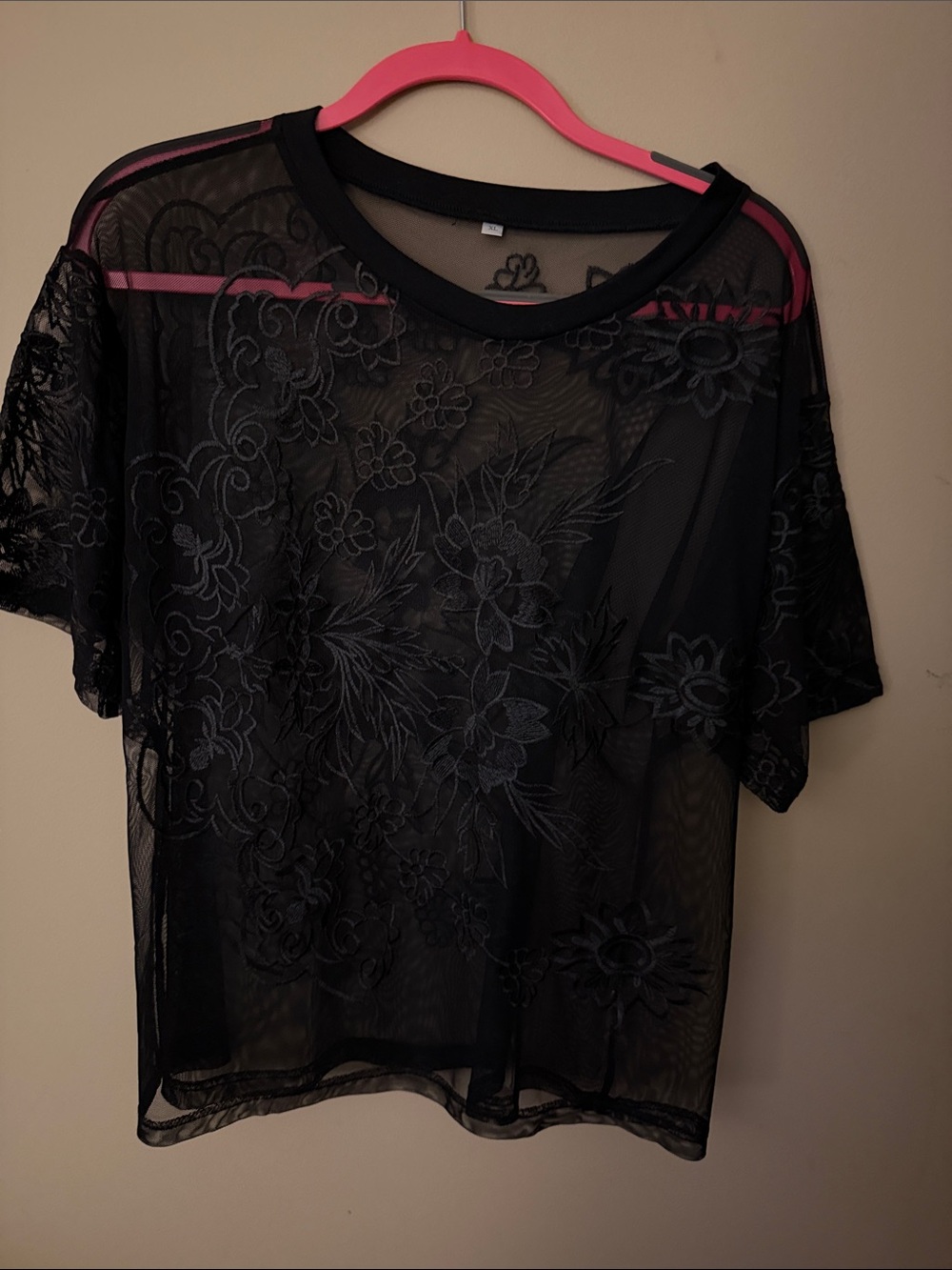 Women's Black Sheer Floral Embroidered Short Sleeve Top